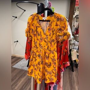 A.L.C. Mia printed puff-sleeve mini dress in yellow/orange with a floral pattern